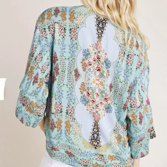 FARM RIO Lt Blue Peasant 3/4 Flutter Sleeve Blouse Sz S - Picture 3 of 12